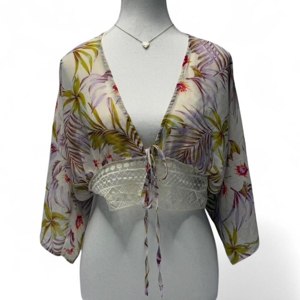 Beach Floral Tropical Boho Summer Lave trim kawaii top Womens size XS